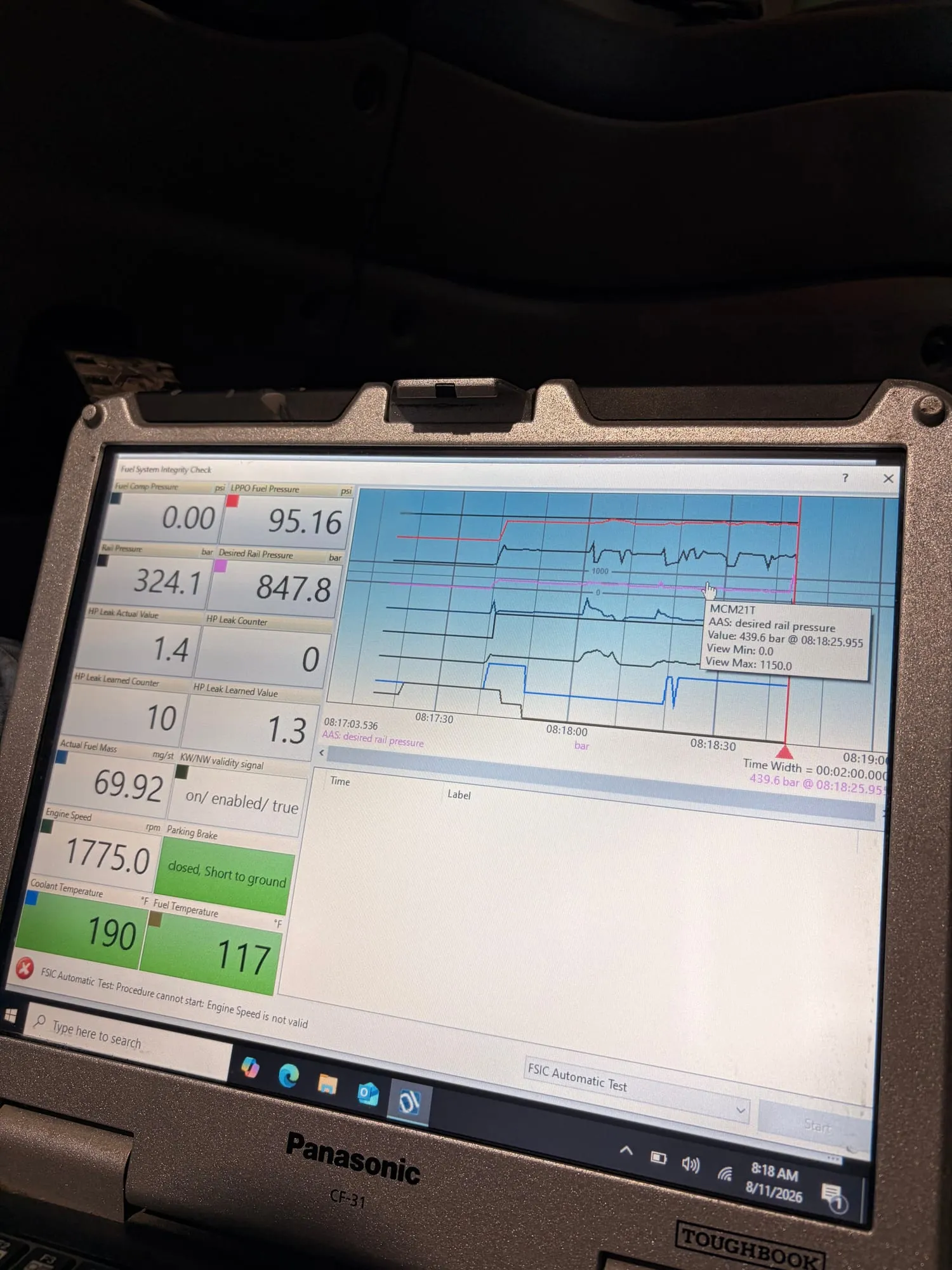 Detroit Diesel Diagnostic Link running a fuel system integrity check on a Panasonic Toughbook, showing a live rail pressure trace, actual fuel mass of 69.92 mg per stroke, engine speed 1775 rpm and coolant temperature 190°F.